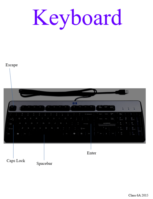 This example poster was created by class 6B. The students labelled the keys on the keyboard that they thought were most important.