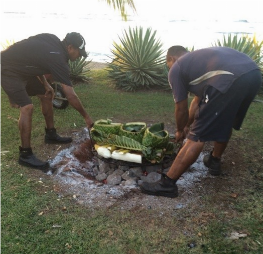 The food is placed into the lovo pit.