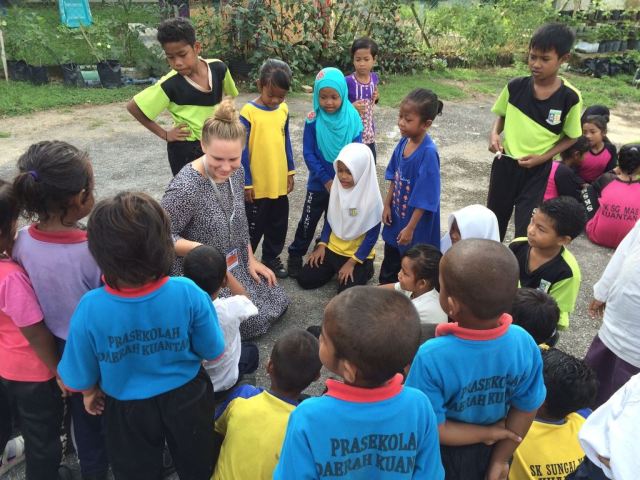Ashley chatting just before the school assembly 